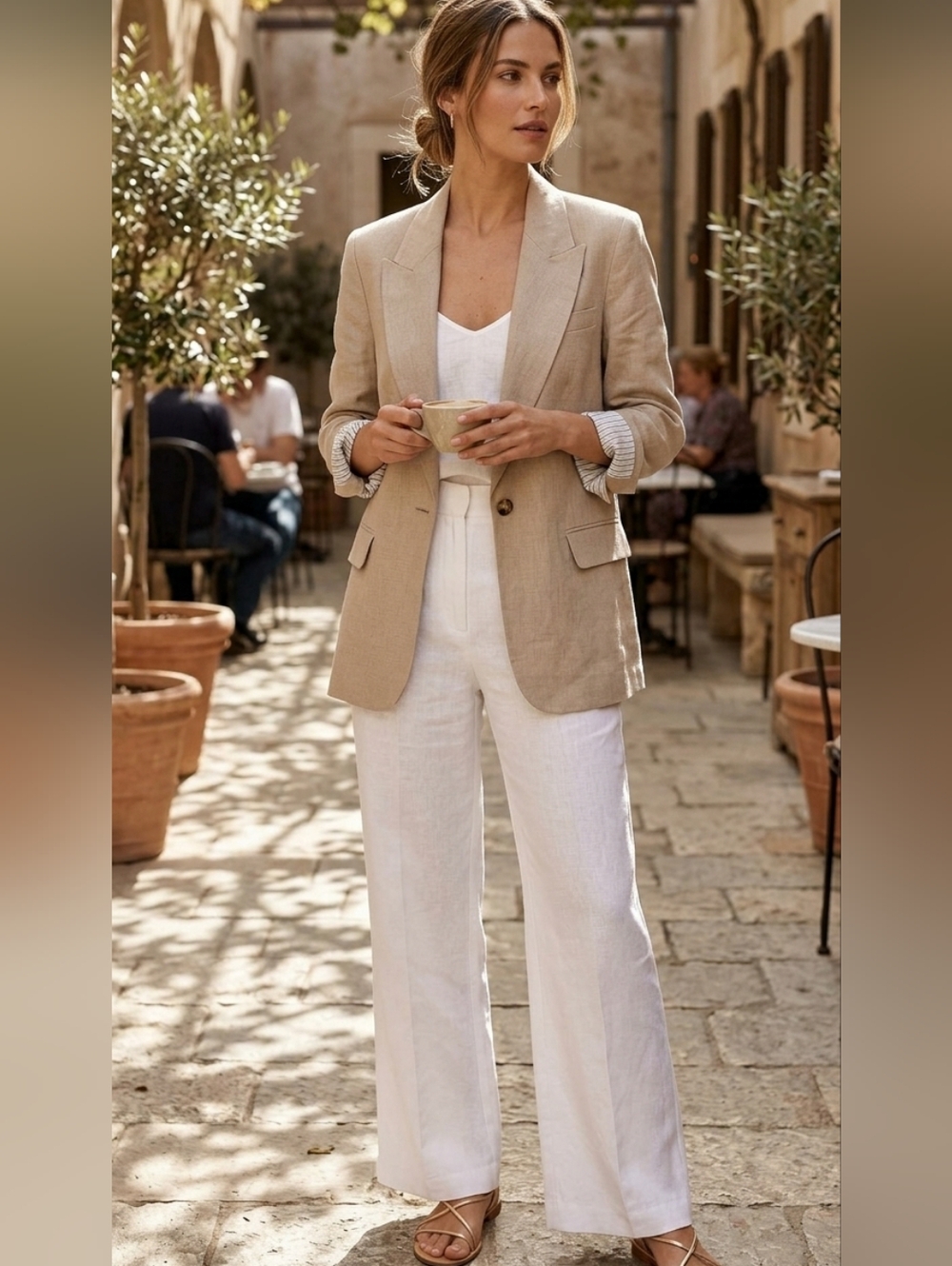 ZARA Women's Neutral Beige Linen Suit Jacket Blazer One Button! Size L Excellent